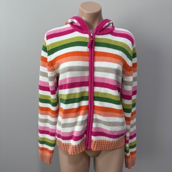 Tommy Hilfiger Stripe Knit Jacket Diamond Pink Green Orange White Large Hood - Picture 1 of 4